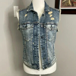 Silver Distressed Medium Light Wash Distressed Button Up Jean Denim Vest S NWT